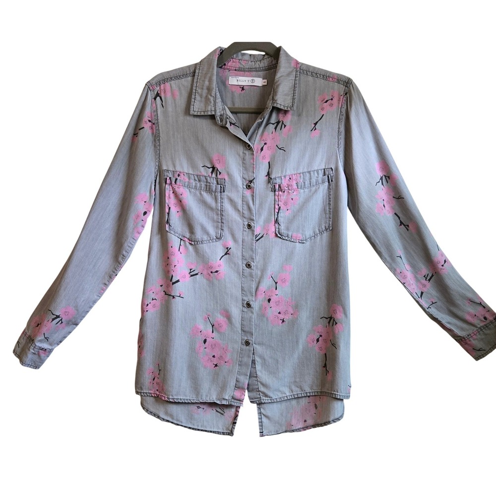 Billy T Grey Pink Cherry Blossom Floral Button Down Lyocell Shirt Small
